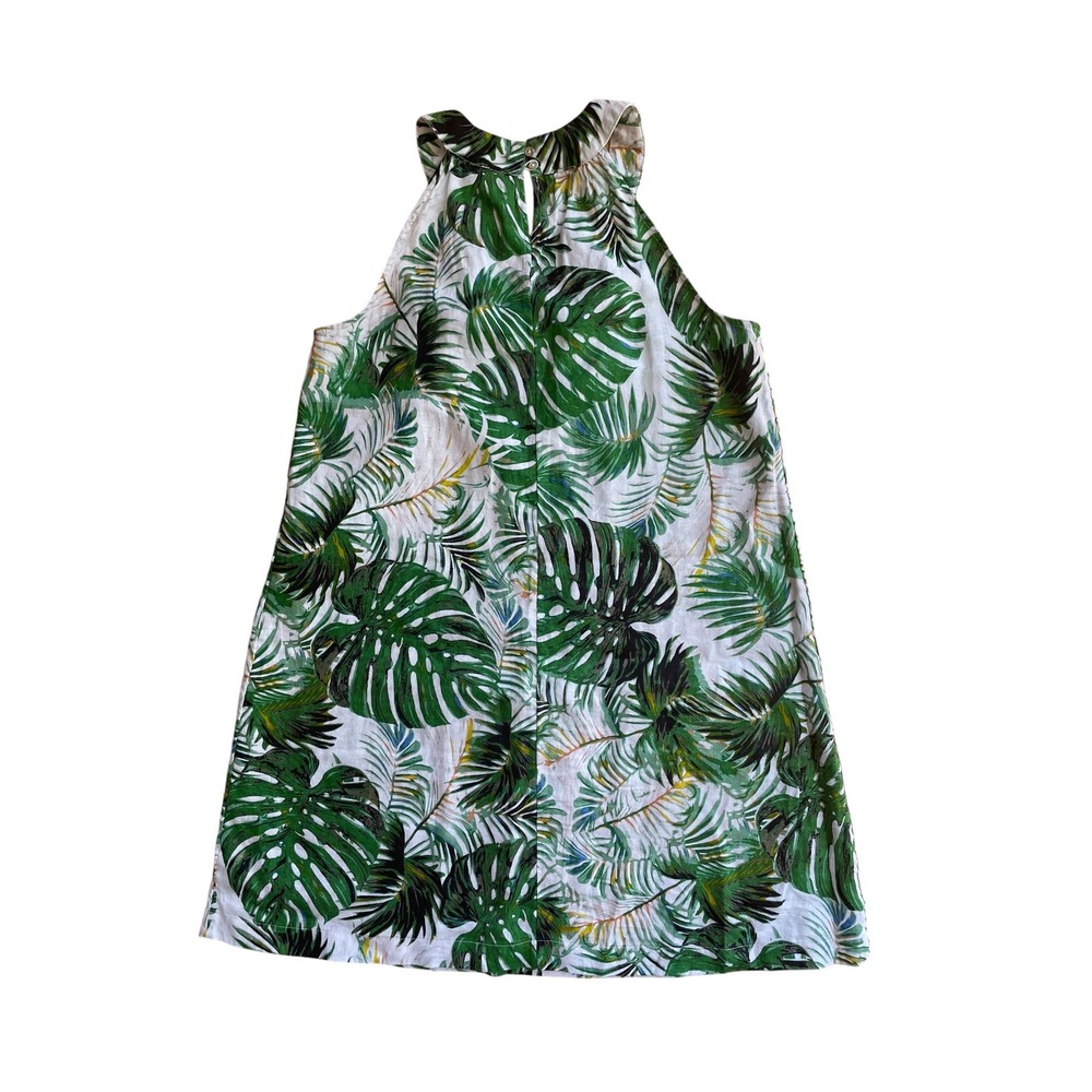 Tahari Women Green Tropical Palm Leaf Print 100% Linen Halter Cruise Dress XS